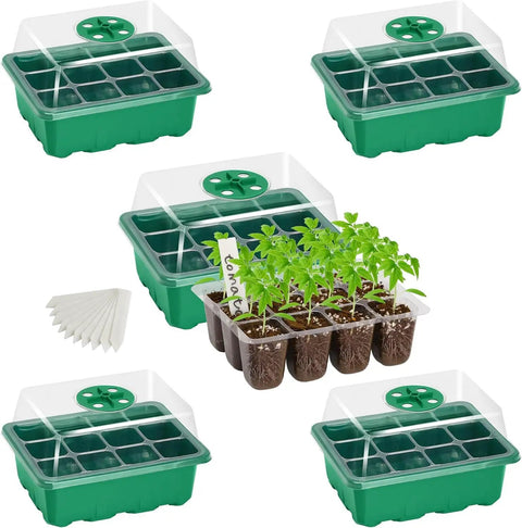 Five Pack Seed Starter Trays With Adjustable Humidity Dome And Base Indoor Greenhouse Propagator For Seed Germination 12 Cells Per Tray