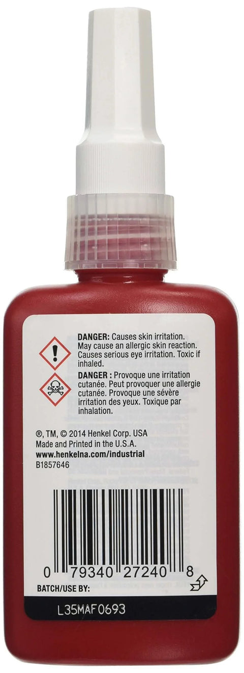 Back of Red Threadlocker For High Temp Applications 50 Ml Bottle 272 Formula showing warning labels and barcode.
