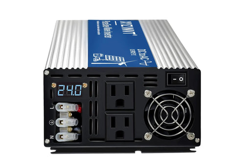 Front view of 3500W Pure Sine Wave Inverter 48V DC To 110V 120V AC with LED display, dual outlets, and fan visible.
