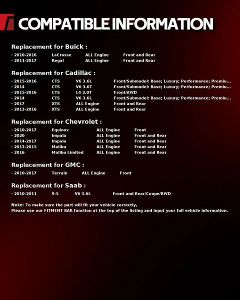Compatibility chart for various Buick, Cadillac, Chevrolet, GMC, Saab models detailing year and engine specifications.