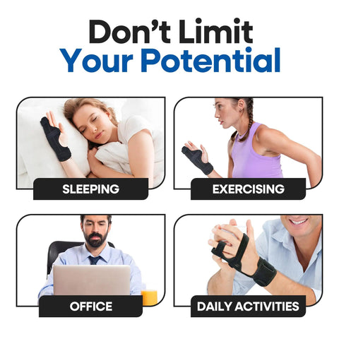 Adjustable Metacarpal Finger Splint For Hand Support And Straightening in use during sleep, exercise, office, and daily activities.