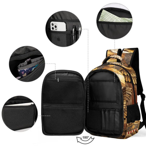 Heraldic Shield Print Backpack For Everyday Use, unisex large capacity daypack displaying internal compartments and durable polyester material.