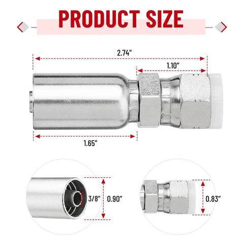 12 Pack Three Eighth Inch Hydraulic Hose Fittings With One Half Inch JIC 37 Degree Female Swivel End And Protection Cover Crimp Kit For Three Eighth Inch ID Hoses, showing product size and dimensions