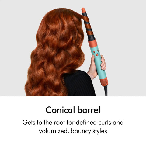 Woman styling hair with Conical Airwrap Barrel Attachment For Defined Curls And Waves, Dual Direction Styling Without Replacing Barrels