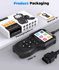 OBD2 Car Diagnostic Scanner With Battery Tester And Live Data, packaging box, manual, handheld device, black cable