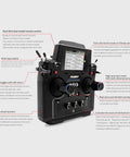 Top Tier 18 Channel RC Transmitter With 3.5 Inch TFT Touchscreen And Crisp 5D Hall Sensor Gimbals For Excavators Loaders And Military Trucks close-up of controls and screen.