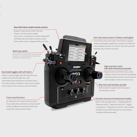 Top Tier 18 Channel RC Transmitter With 3.5 Inch TFT Touchscreen And Crisp 5D Hall Sensor Gimbals For Excavators Loaders And Military Trucks close-up of controls and screen.