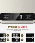 Digital Kitchen Scale display showing six units with tare function, LCD display, and stainless steel, perfect for bake pros and home cooks.