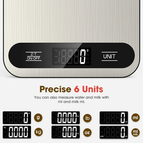 Digital Kitchen Scale display showing six units with tare function, LCD display, and stainless steel, perfect for bake pros and home cooks.