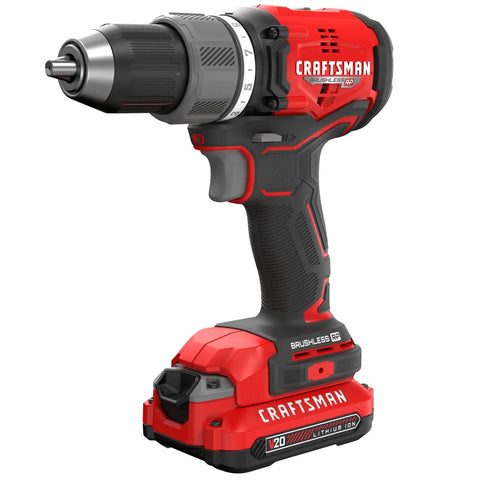 Brushless Cordless Drill Driver Kit With Two Batteries And Charger, 1/2 Inch Ratcheting Chuck, side view in red and black