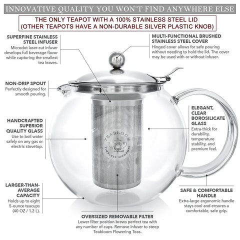 All In One Glass Teapot And Kettle With Heatproof Borosilicate Glass Removable Stainless Steel Infuser Microwave And Stovetop Friendly Tea Maker For Everyday Tea Lovers 40 Oz 1200 Ml