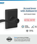Wakefield Trim Keyed Entry Lever In Matte Black For Doors, Reversible Right Or Left Swing, with Addison trim shown.
