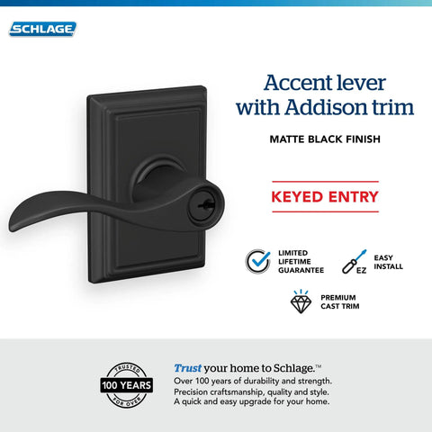 Wakefield Trim Keyed Entry Lever In Matte Black For Doors, Reversible Right Or Left Swing, with Addison trim shown.