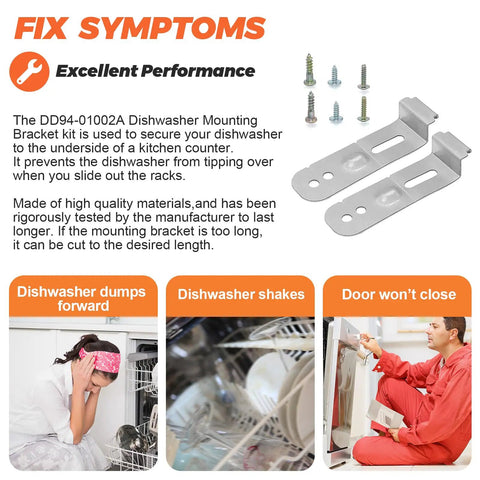 Dishwasher Mounting Bracket Install Kit Upgrade with 2 mounting brackets and 6 screws shown with troubleshooting steps for common issues.