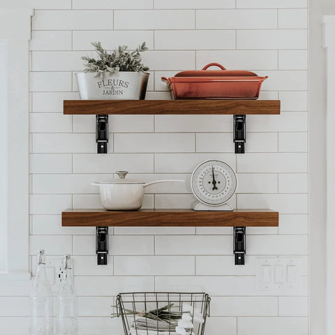 10 Inch Folding Shelf Brackets Set Of 2 Matte Black Heavy Duty Stainless Steel Triangular Design with wooden shelves in kitchen