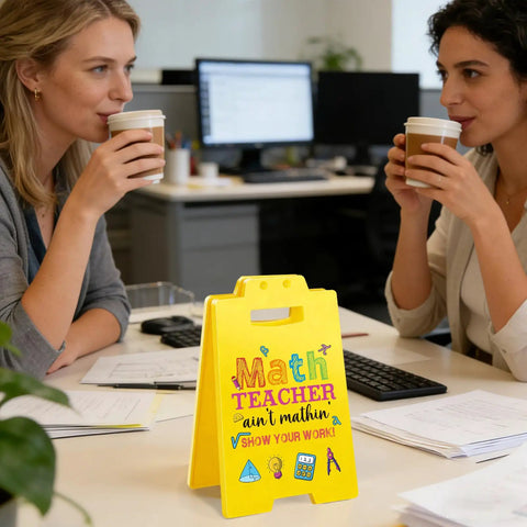 Math Teacher Desk Decor Show Your Work Ain't Mathin' Sign Gift on office desk with two people drinking coffee