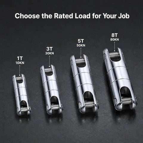 Set of four Heavy Duty Cable Pulling Swivel Forged Alloy Steel connectors showcasing different load ratings.