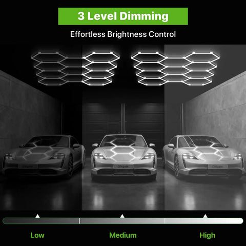 Hexagon Garage Light Fixture With 3 Level Dimmable Brightness, 322W Power in garage, showcasing dimming settings.