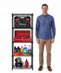 Rock Solid Steel Wire Shelving Unit Five Tier Storage Rack Built Tough With Self Leveling Feet NSF Certified Food Safe For Kitchens Garages And Commercial Shops Black One Fourteen X Two Forty X Fifty Nine Inches with tools and products organized.