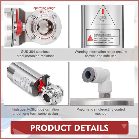 Image showing a Sanitary 1.5 Inch Butterfly Valve With SS304 Stainless Steel Pneumatic Actuator Single Acting A Real Workhorse For Food Processing Beverage Pharma And Biotech Applications Corrosion Resistant Durable And Easy To Install, highlighting its corrosion-resistant stainless steel body and operational details.