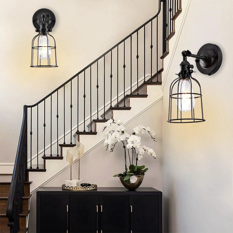 Industrial Edison Style Wire Cage Wall Sconce With Black Finish On Off Rotary Switch And E26 Socket 1 Light Vintage Rustic Lighting