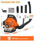 Powerful 52cc Gas Backpack Leaf Blower With 564 CFM 216 MPH, 2 Cycle Engine, and parts layout for assembly