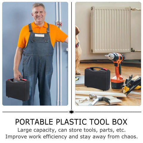 Grab And Go Heavy Duty Plastic Tool Box With Carry Handle Hella Sturdy PP Plastic Case For Cars Garage Or Gear Sorting Foldable Lightweight Yet Super Durable Travel Organizer Kit held by a man.