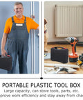 Badass Portable PP Plastic Toolbox Featuring Bulletproof Shock Resistant Shell And Ergonomic Carry Handle For Organizing Power Tools Hand Gear And Hardware Needs And Spare Parts Today with a worker in overalls.