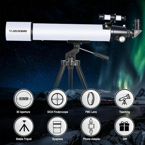 Beginner Friendly 80mm Refractor Telescope for Adults With 800mm Focal Length High Power Stargazing Kit including AZ Mount on a tripod.