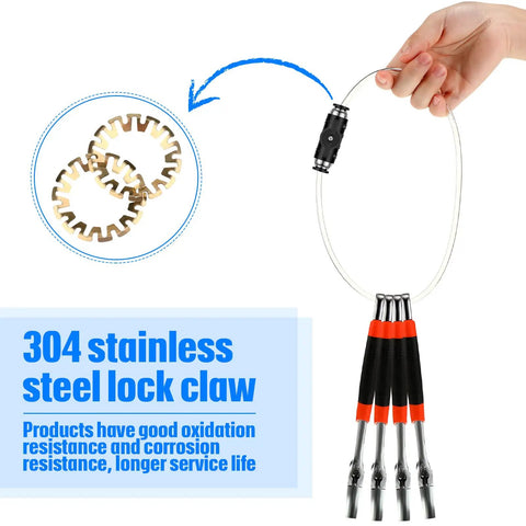 Hand holding a 304 stainless steel lock claw featuring four black and orange cables with image of gear components.
