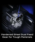 Close-up of hardened steel dual feed gears in colorful 3D printing system with 16 color multi material capacity for Q2 Q2C printers.