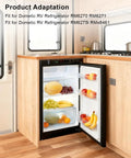 Open RV refrigerator with fruits, visible door hinge replacement for RM6270 RM6271 RM6275 RM8461 And 2412125011 Easy Close Seal