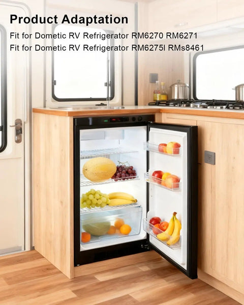 Open RV refrigerator with fruits, visible door hinge replacement for RM6270 RM6271 RM6275 RM8461 And 2412125011 Easy Close Seal