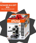 Electric Espresso Cappuccino Maker With Milk Frother, 4 Cup Capacity, Black Coffee Machine in gift packaging.