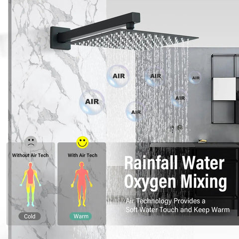 Matte Black All-In-One Shower System With 12-Inch LED Square Rain Shower Head And Handheld Spray, wall-mounted, water flow demo