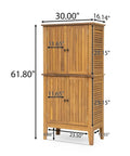 Outdoor Acacia Wood Storage Cabinet With Two Doors And Four Shelves For Backyard Garden Balcony Coastal Farmhouse Style Tool Organizer Weather Resistant Teak Look 61 Inch Tall Shed For Extra Outdoor Storage with dimensions shown
