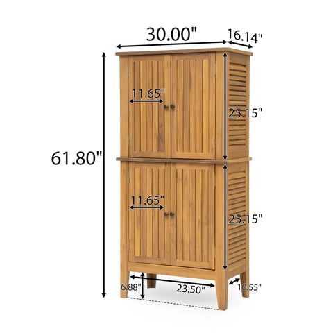 Outdoor Acacia Wood Storage Cabinet With Two Doors And Four Shelves For Backyard Garden Balcony Coastal Farmhouse Style Tool Organizer Weather Resistant Teak Look 61 Inch Tall Shed For Extra Outdoor Storage with dimensions shown