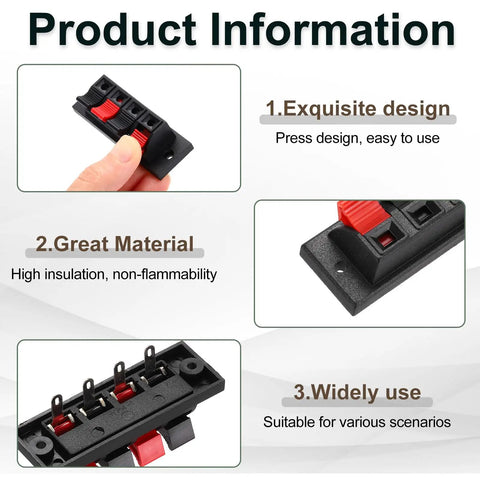 Four Way Spring Terminal Clip Push Release Connector Plate For Speakers, Test Clip WP4-1, highlighting design, material, use