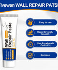 Tube of wall repair paste labeled 'Fivewan Wall Repair Paste,' showing features: easy use, fast drying, versatile application, no trace.