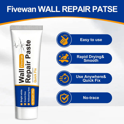 Tube of wall repair paste labeled 'Fivewan Wall Repair Paste,' showing features: easy use, fast drying, versatile application, no trace.