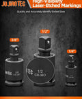 Beefy Impact Universal Joint Socket Swivel Set Three Piece Drive Half Inch Three Eighths Inch Quarter Inch 360 Degree Rotation Cr-Mo Steel Drop-Forged And Heat-Treated Black Oxide Finish with high-visibility laser-etched markings