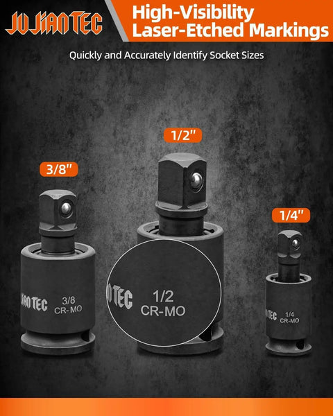 Beefy Impact Universal Joint Socket Swivel Set Three Piece Drive Half Inch Three Eighths Inch Quarter Inch 360 Degree Rotation Cr-Mo Steel Drop-Forged And Heat-Treated Black Oxide Finish with high-visibility laser-etched markings