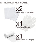 First aid training kit contents, front view: two 4x4 in 8-ply gauze pads, one pair vinyl gloves, rolled gauze 3 in x 4.1 yds.