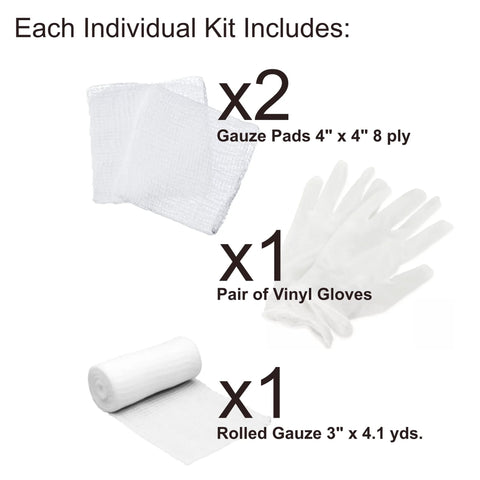 First aid training kit contents, front view: two 4x4 in 8-ply gauze pads, one pair vinyl gloves, rolled gauze 3 in x 4.1 yds.
