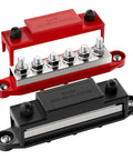 Beefy 400A 12V Bus Bar Power Distribution Block With Six Terminal Studs Sized For Standard Five Sixteenth Inch Bolts M8 For Boat RV Automotive And Solar Systems Positive And Negative Marine Electrical Terminal Block, red and black covers