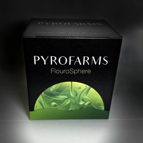Box packaging for PyroFarms FluoroSphere showcasing green FluoroGel, part of the Next Gen Fluoro Lava Lamp With FluoroGel Color Burst Neon Glow.