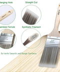 Wood Stain Brush Set With Angled Sash And Flat Brushes detailing straight cut, synthetic filament, stainless ferrule, and hanging hole