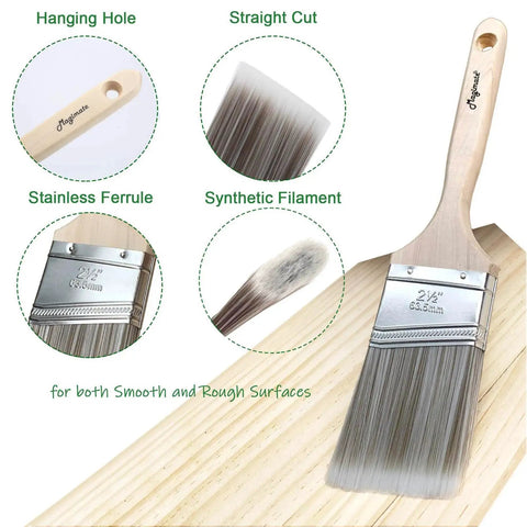 Wood Stain Brush Set With Angled Sash And Flat Brushes detailing straight cut, synthetic filament, stainless ferrule, and hanging hole