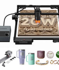 20W Laser Engraver A20 Pro V2 With Auto Air Assist and R8 Rotary Chuck engraving wood with accessories