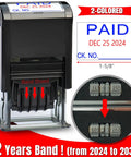 Slick No Sweat Self Inking Paid Stamp With Date And Check Number Heavy Duty Two Color Refillable Ink Pad For Daily Grind Office Work Solid Business Essential 12 Year Adjustable Bands showing stamp face and date band.